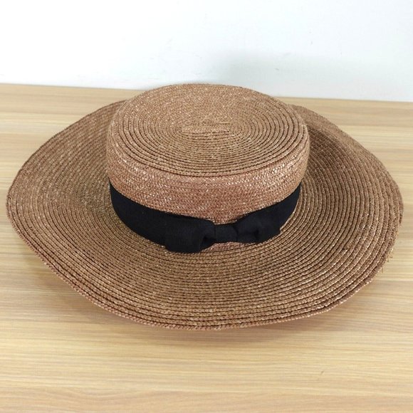 Straw Hat Adult 7 Brown Panama Wheat Straw Flat Brim Bow Optimo Natural Summer